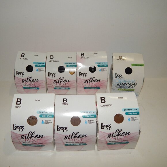 7 Pr Size B L'eggs Silken Mist Leggs Pantyhose Stockings Black Nude Sun Beige - Picture 1 of 4